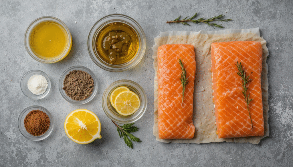 Ingredients for Pan Seared Moroccan Salmon including fresh salmon and Moroccan spices