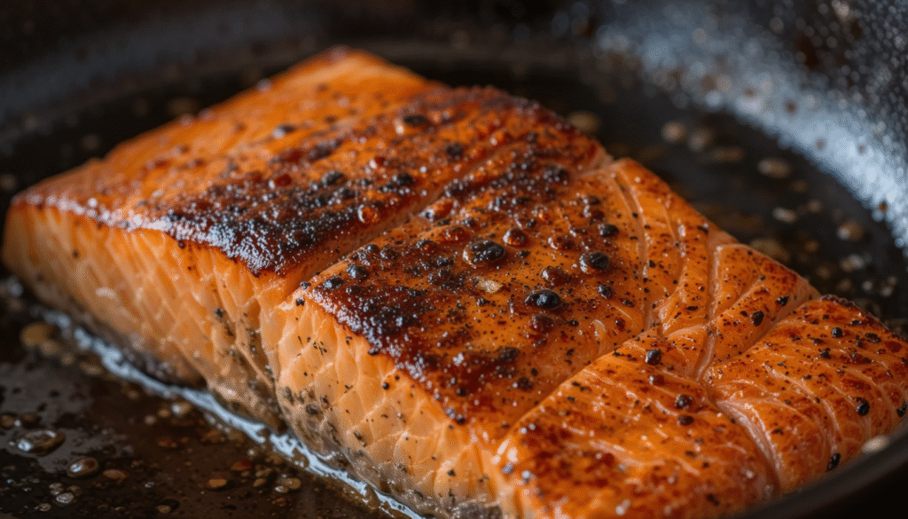 Pan Seared Moroccan Salmon cooking skin-down in a hot skillet