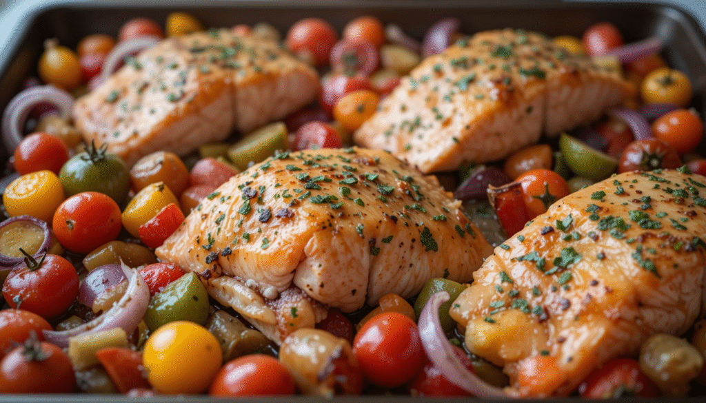 Baked Mediterranean Salmon sheet pan dinner with vegetables.