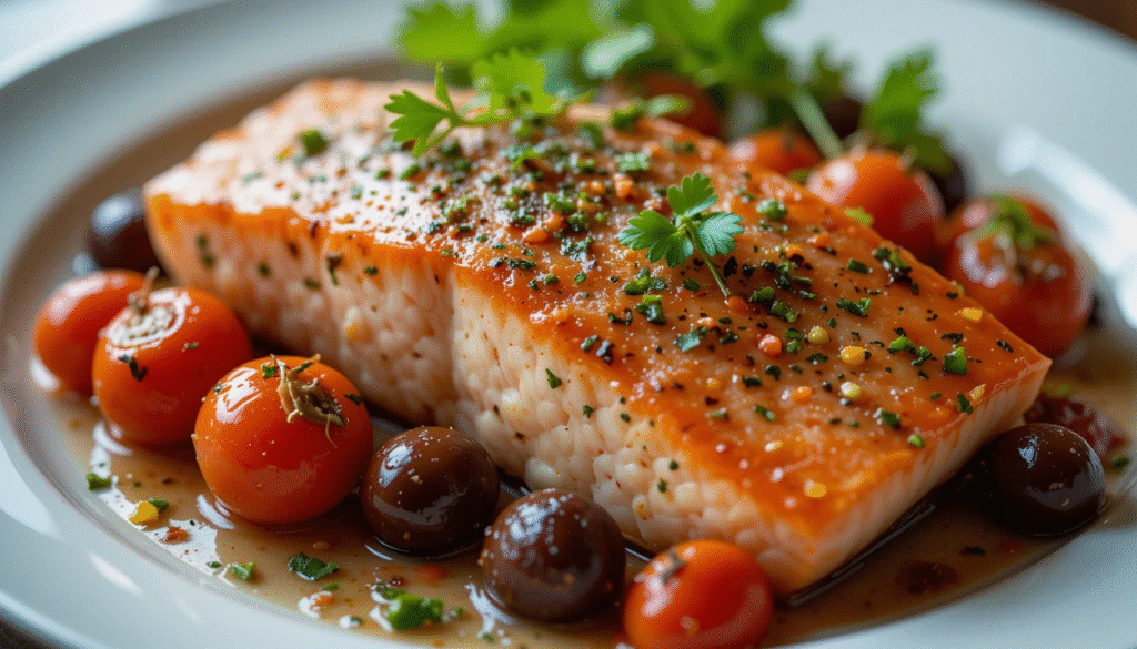 Delicious and healthy Mediterranean Salmon fillet with roasted vegetables.