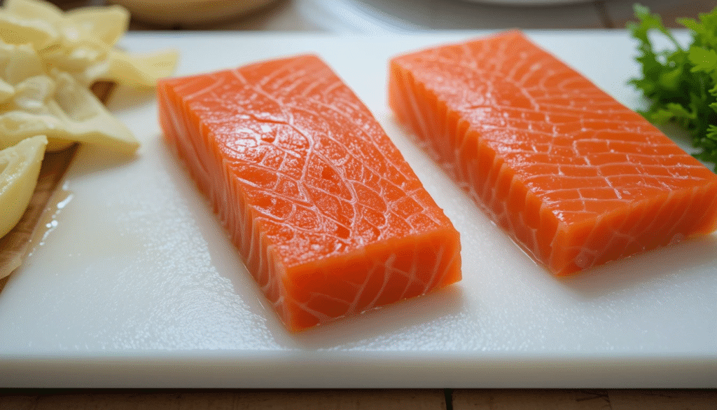 Fresh salmon fillets ready for Mediterranean Salmon recipe.