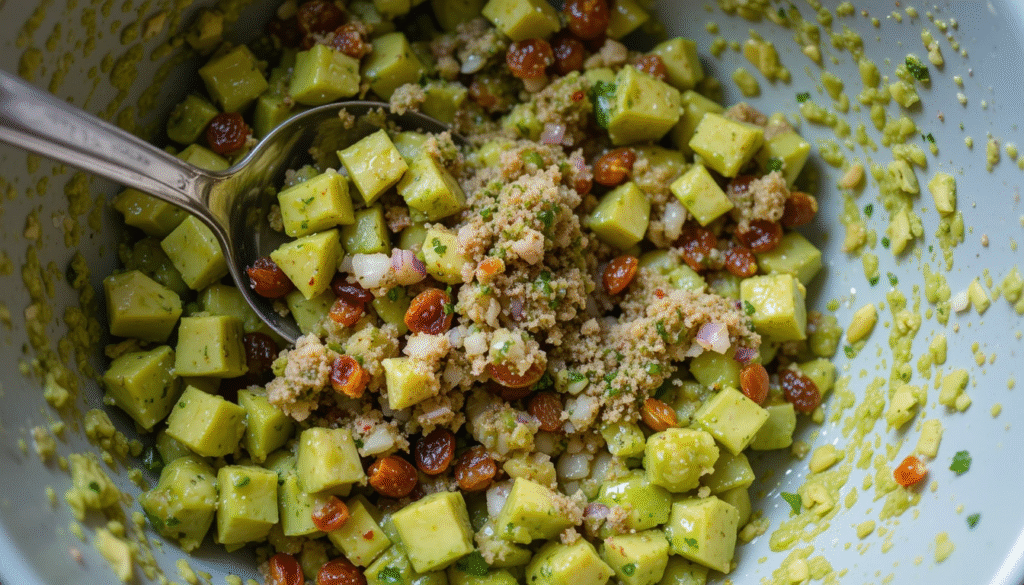 Mixing fresh avocado tapenade for Mediterranean Chicken Breasts.