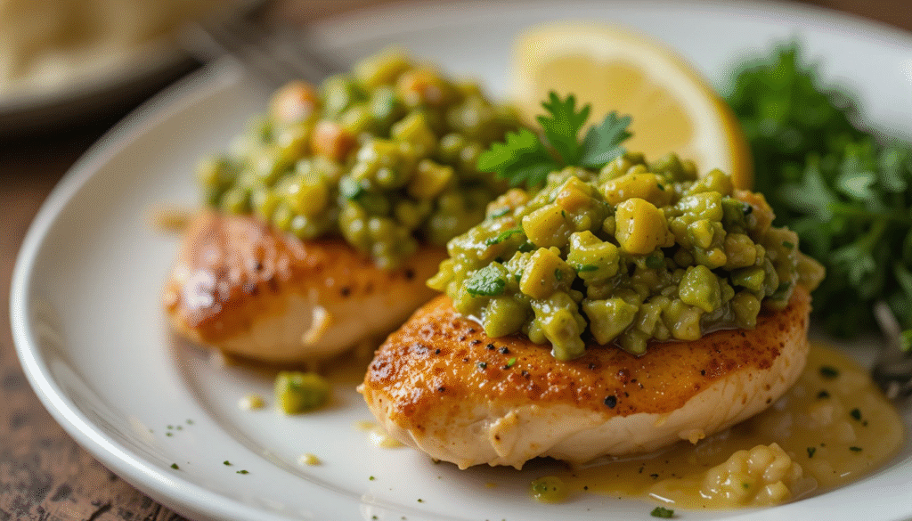 Perfectly cooked Mediterranean Chicken Breasts With Avocado Tapenade topped with fresh avocado salsa